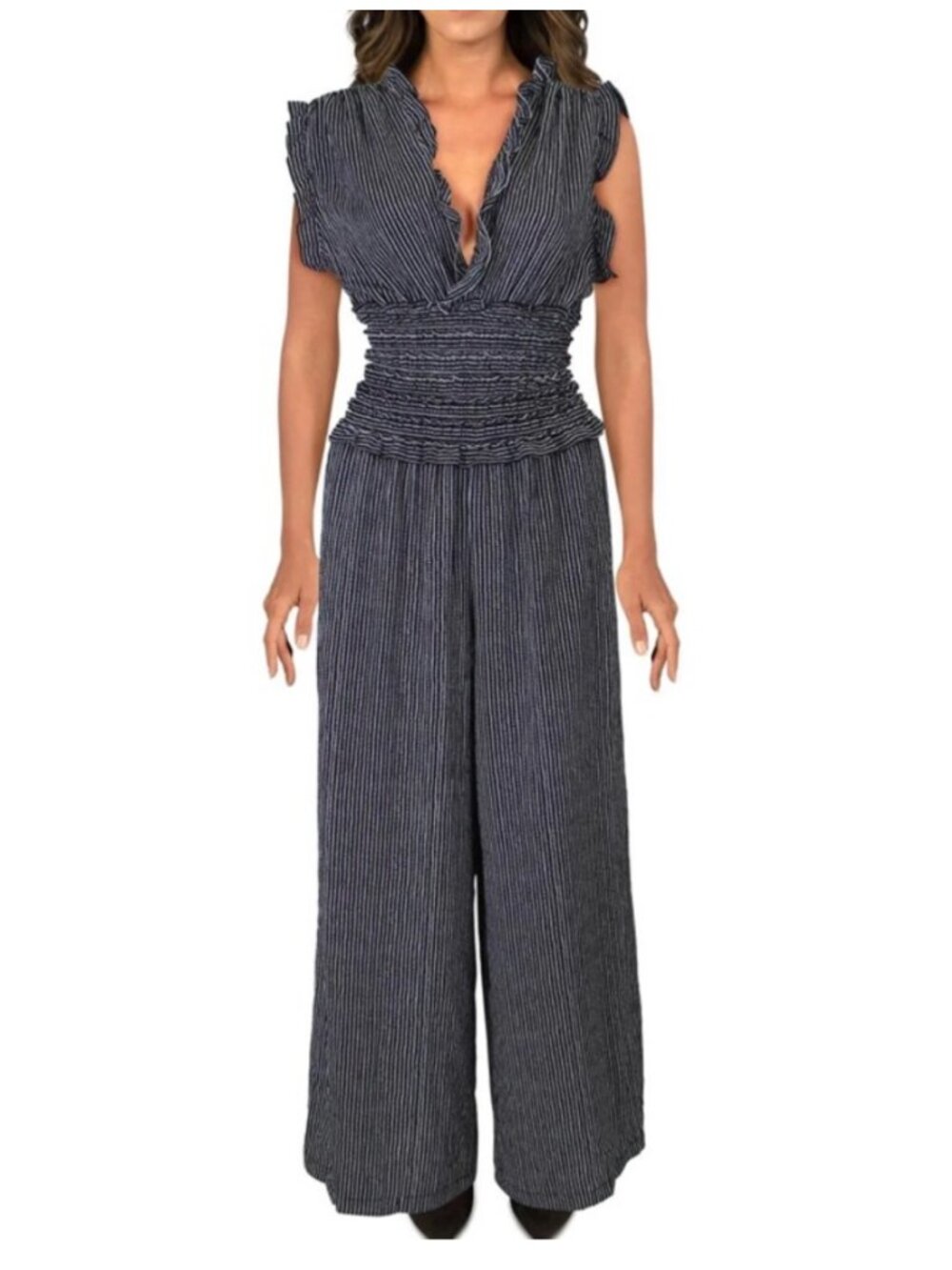 Max Studio Smocked Jumpsuit Wide Leg XS‎ Pinstripe Navy Blue Low V-Neck Pockets
